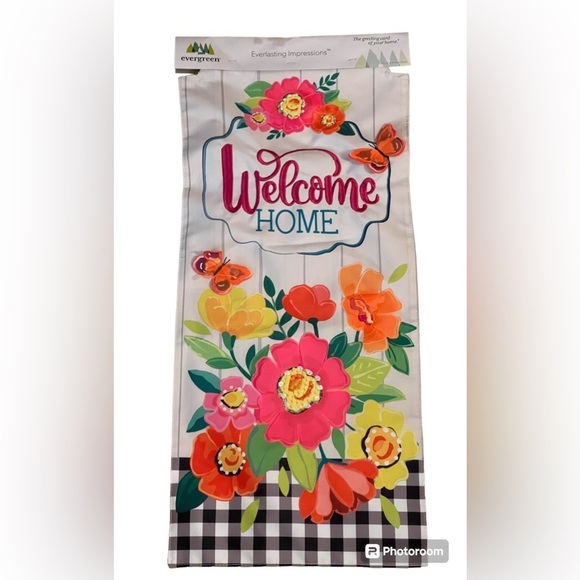 Evergreen Welcome Home Summer Floral With Butterflies Garden Banner Flag. - Picture 2 of 3